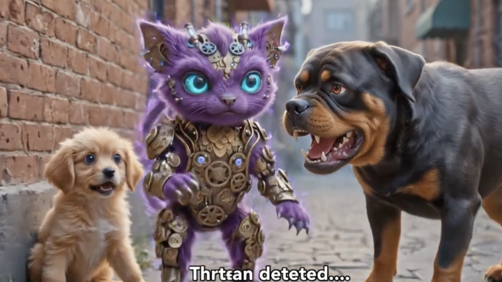 A small golden puppy, a mechanical purple creature, and an aggressive Rottweiler stand on a cobblestone street.