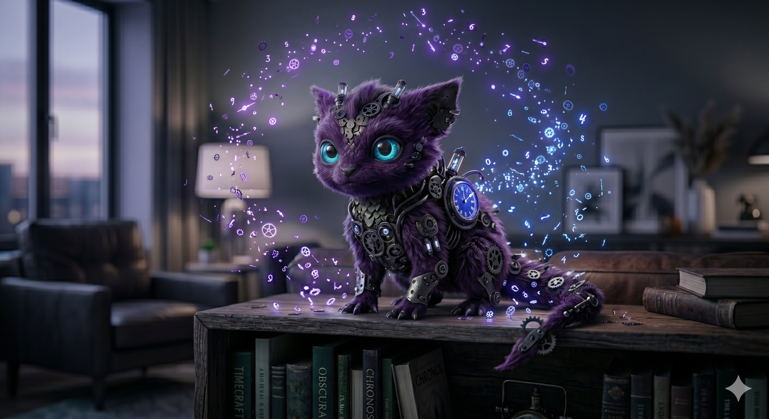 Tiktik, a small purple time creature with glowing blue eyes